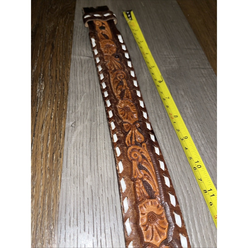 Vtg Tex-Made Tooled Leather Western Belt Size 38 Eagle Laced Snap On No Buckle